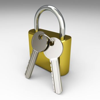 A padlock with keys. 3D rendered Illustration. 