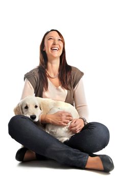 purebred puppy golden retriever and laughing girl in front of a white background