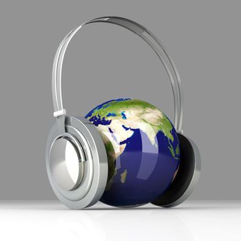 The music of Asia. Headphones and a world globe. 3D rendered Illustration. 