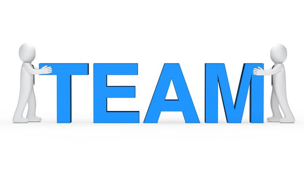 business men push blue team word together