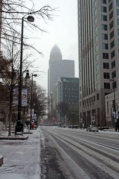 modern city in winter - Charlotte skyline in snow