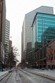 winter scenery on city streets after snow storm