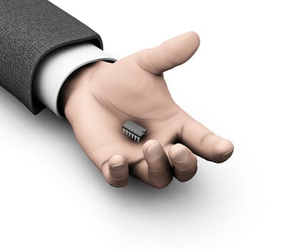 3D render of a microchip in a mans hand