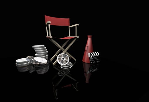 3D render of movie items on black background