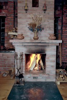 Fireplace in a village build house