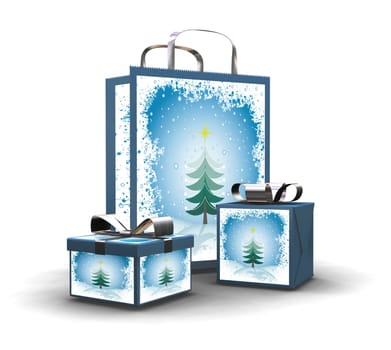 3D render of Christmas gifts and shopping bag