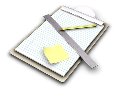 3D render of a clipboard with post it note, ruler and pencil