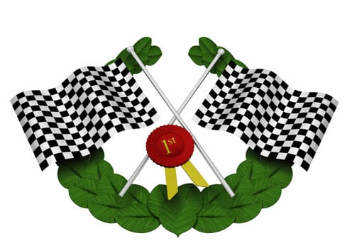 3D render of checkered flags, ribbon and garland