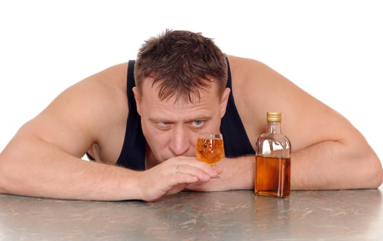 drunk man with a glass in his hand isolated on white background