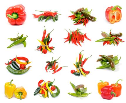 Collection of Various Peppers with Red and Yellow Bell Peppers, Chili Peppers, Red Habanero, Green Jalapeno and Yellow Santa Fee isolated on white background