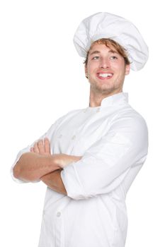 Chef man. Proud portrait of smiling happy cook, chef or baker wearing chefs hat. Cross-armed young Caucasian male model isolated on white background.