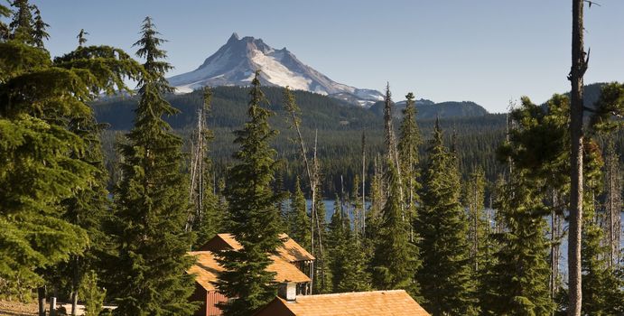 Long Panoramic View of Trees Amoung Cabin Rooftops Around Olallie Lake Near Mount Jefferson Oregon State North America