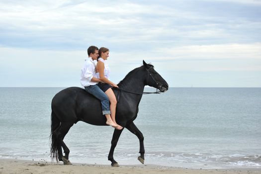 beautiful black stallion on the beach with young couple