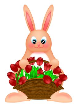 Happy Easter Bunny Rabbit Holding a Basket of Red Tulips Flowers Illustration Isolated on White Background