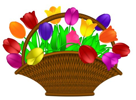 Weaved Basket of Happy Easter Day Colorful Tulips Flowers Illustration Isolated on White Background