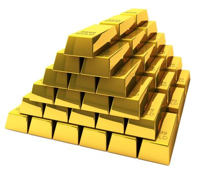 A wealthy man is sitting on a pile of gold bars