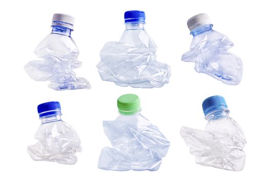 Collection of squashed plastic bottle on white background