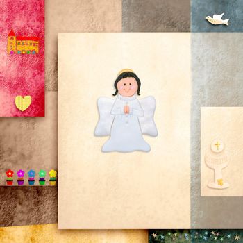 Reminder card, cute angel first communion, and religious symbols