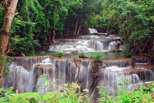Huay Mae Khamin Waterfall, Paradise waterfall in Tropical rain forest of Thailand,closeup