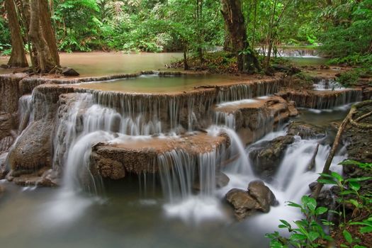 Huay Mae Khamin Waterfall Sixth Level, Paradise waterfall in Tropical rain forest of Thailand