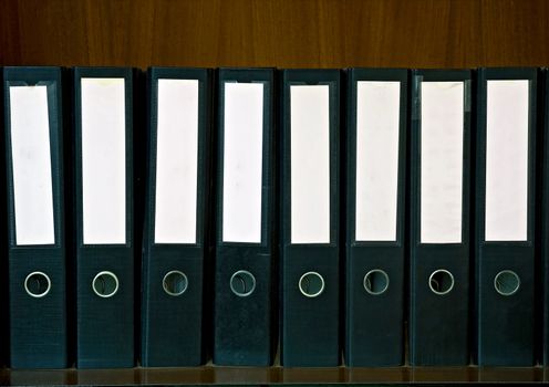 Wooden Shelf with document Folders and blank label