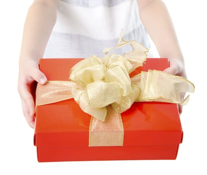 Little girl arms out holding a beautiful wrapped present. Focus is on the ribbons.