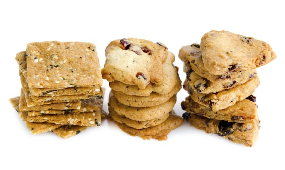 Fresh baked organic cookies on white background