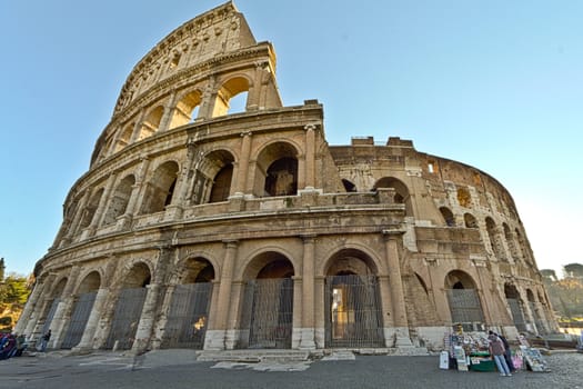 A wide angle shot of the Colosseum in Rome, Italy