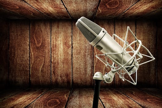 Microphone in wooden studio, Music concept