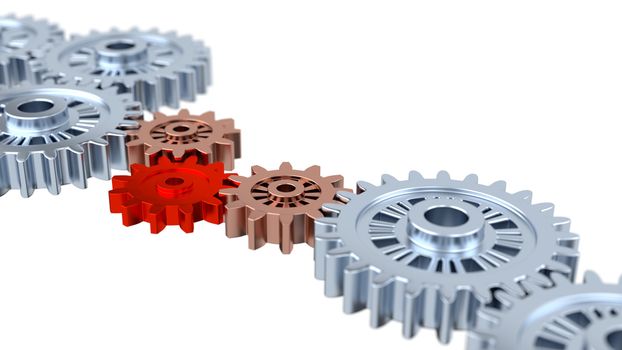 Blurred Silver Gears with one Red on a White Background