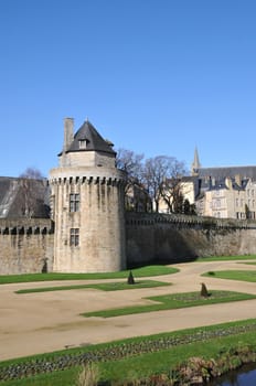 Circular Stone Tower into Walls of Vannes City with a blue sky