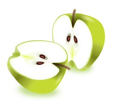 Illustration of two apple halves arranged over white.