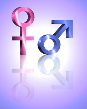 Illustration depicting metallic blue and pink male and female symbols against violet blur background and reflecting into the foreground.