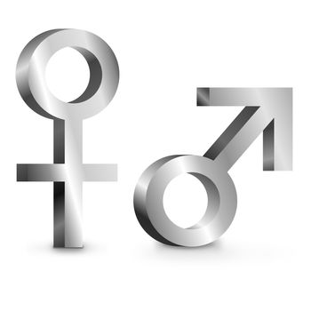 Illustration depicting metallic male and female symbols arranged over white.