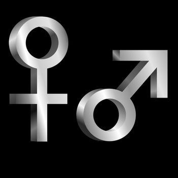 Illustration depicting metallic male and female symbols arranged over black.