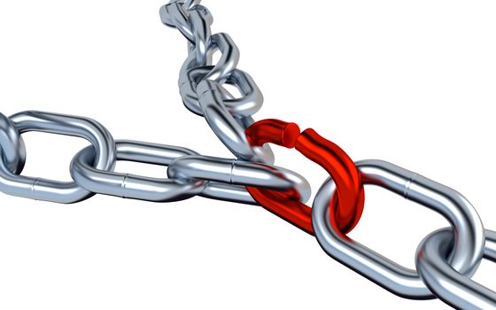 Two Metallic Chains with One Red Link on a White Background