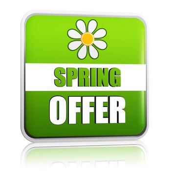 spring offer banner - 3d green label with white text and flower, business concept