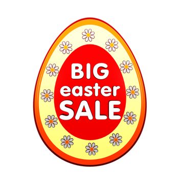 big easter sale banner - 3d red egg shape label with white text and flowers, business concept