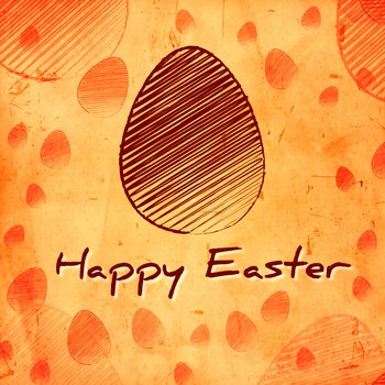 Happy Easter text and striped brown egg, vintage background over orange old paper with eggs