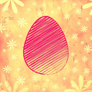 striped pink easter egg, vintage background over yellow old paper with daisy flowers