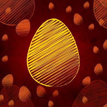 striped yellow easter egg, vintage background over brown old paper with eggs