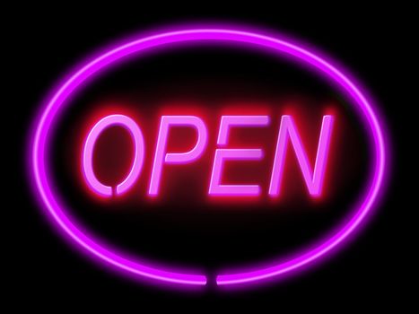 Illustration depicting an illuminated violet 'open' sign with black background,