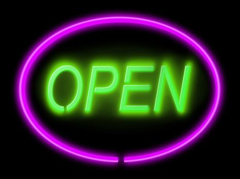 Illustration depicting an illuminated green and violet 'open' sign with black background,