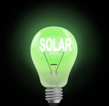 Illustration depicting a single illuminated green light bulb with fillament spelling the word 'solar'. Dark background.