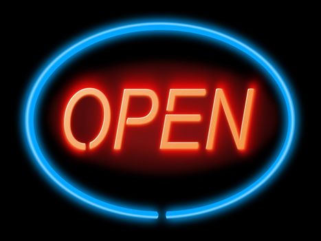 Illustration depicting an illuminated blue and red 'open' sign with black background,