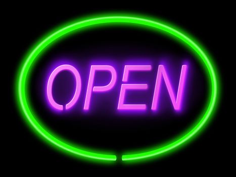 Illustration depicting an illuminated green and violet 'open' sign with black background,