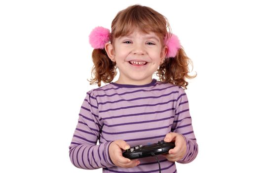 happy little girl play video game on white 