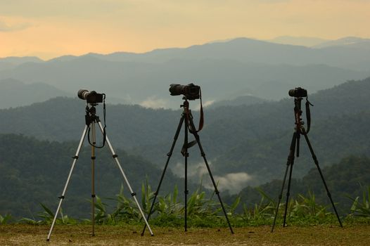 Three camera tripods photographer sunset on the viewpoint rainforest, Thailand.