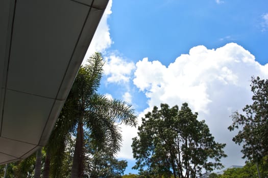 blue sky view in front of building