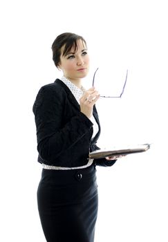 business woman with glasses and notepad thinking, isolated on white